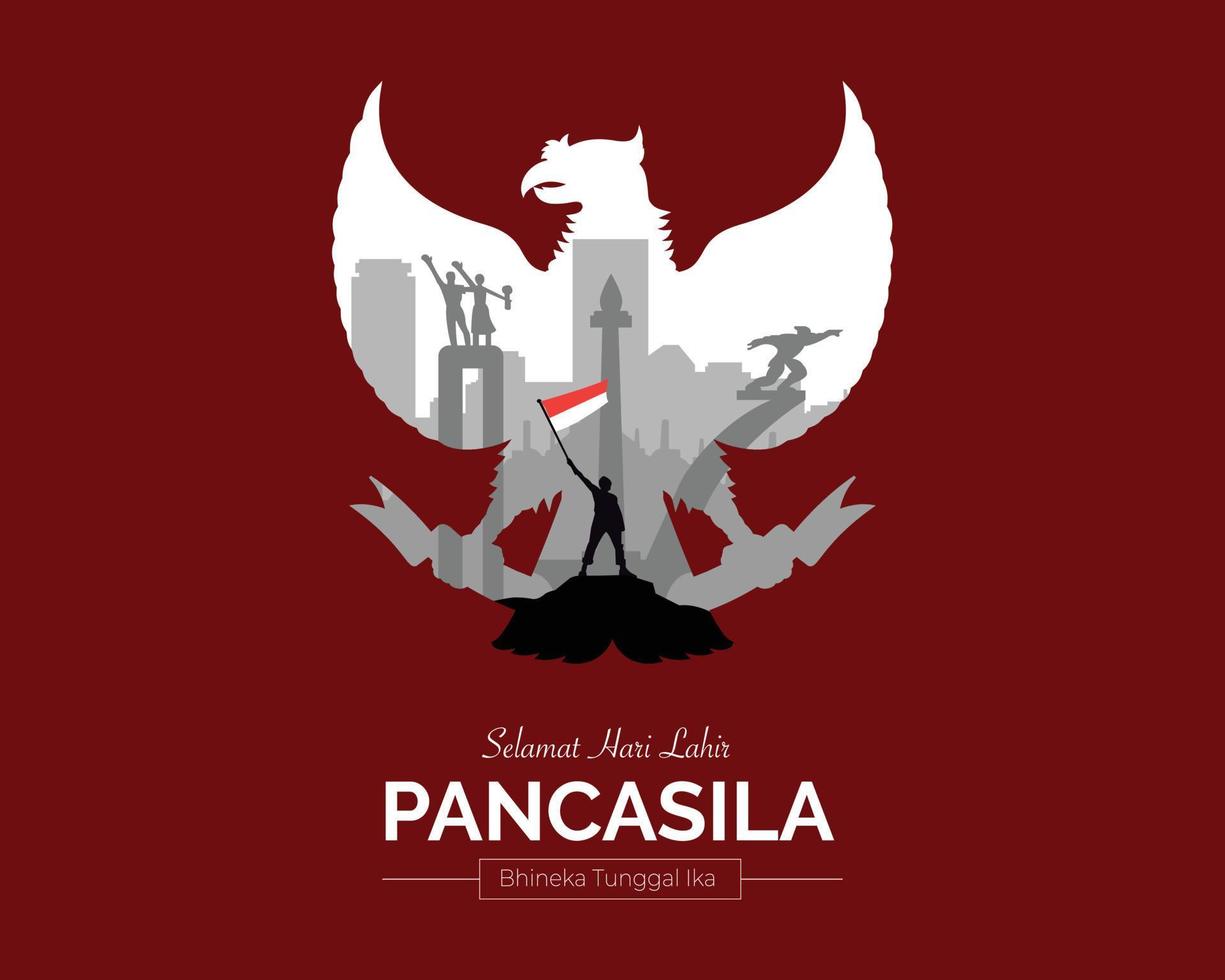 Happy Pancasila Day Garuda mit Wahrzeichen von Jakarta flach vektor