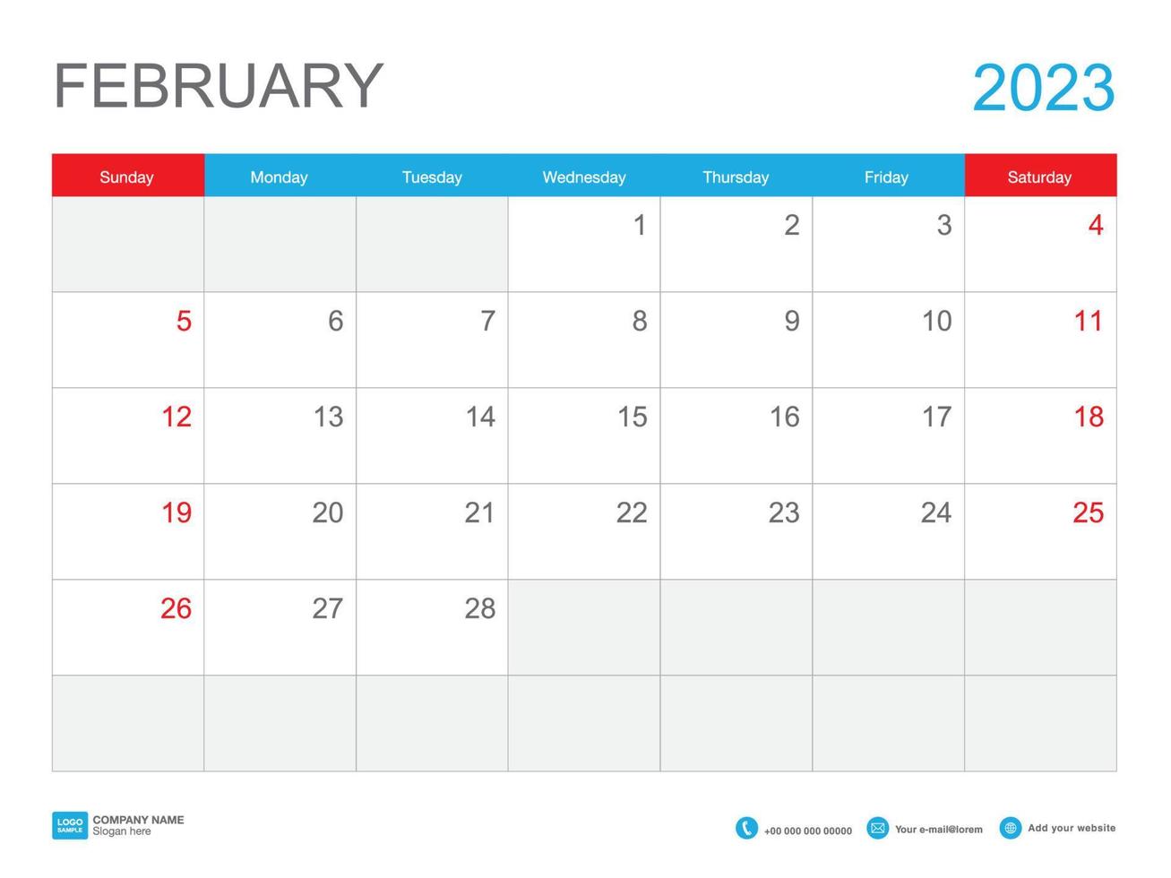 Februar 2023 Vorlagenkalender 2023 Design, Tischkalender 2023 Vorlage, Planer einfach, Woche beginnt Sonntag, Schreibwaren, Wandkalender, Druck, Werbung, Vektorillustration vektor