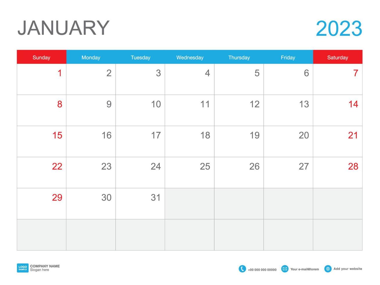 januari 2023 mall-kalender 2023 design, skrivbordskalender 2023 mall, planerare enkel, veckan börjar söndag, brevpapper, väggkalender, utskrift, annons, vektorillustration vektor