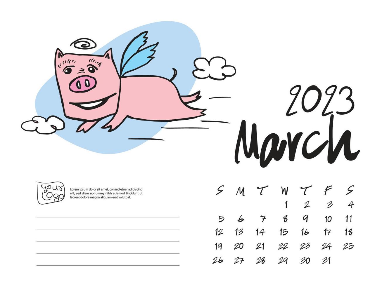 Kalender 2023 Designvorlage mit süßer Schweinevektorillustration, März 2023 Kunstwerk, Schriftzug, Tischkalender 2023 Layout, Planer, Wandkalendervorlage, Schweinezeichentrickfigur, Feiertagsveranstaltung vektor