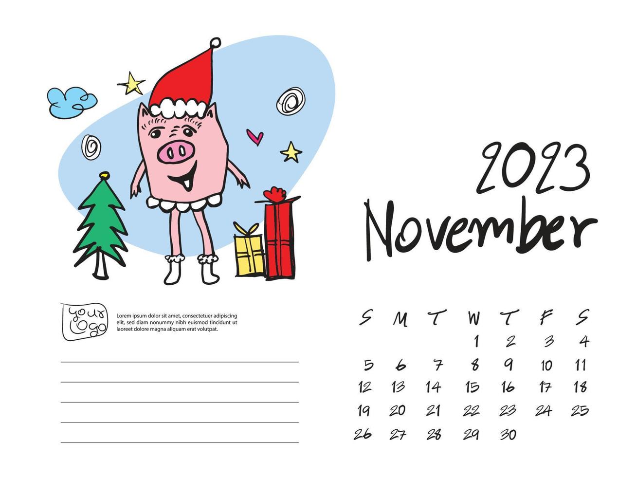 Kalender 2023 Designvorlage mit süßer Schweinevektorillustration, November 2023 Kunstwerk, Schriftzug, Tischkalender 2023 Layout, Planer, Wandkalendervorlage, Schweinezeichentrickfigur, Feiertagsveranstaltung vektor