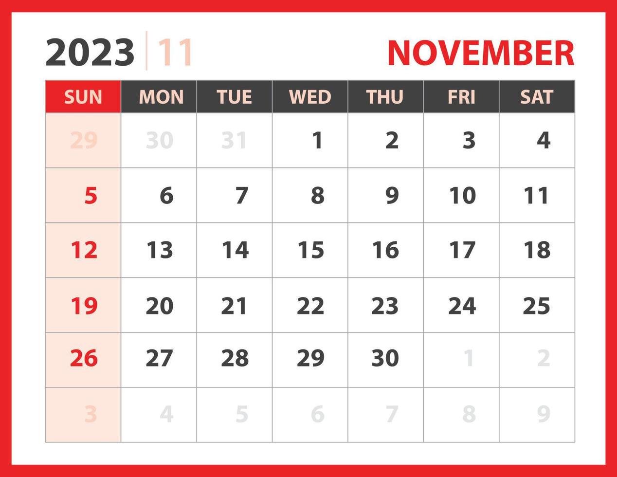 November 2023 Vorlage, Kalender 2023 Designvektor, Planerlayout, Woche beginnt am Sonntag, Tischkalender 2023 Vorlage, Briefpapier. Wandkalender auf rotem Hintergrund, Vektor eps 10