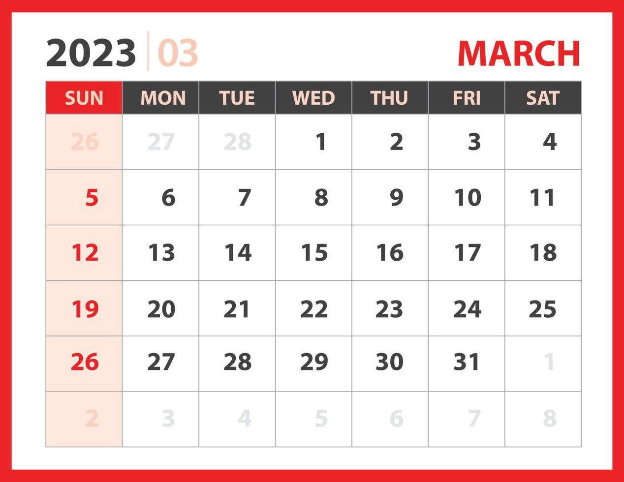 März 2023 Vorlage, Kalender 2023 Designvektor, Planerlayout, Woche beginnt am Sonntag, Tischkalender 2023 Vorlage, Briefpapier. Wandkalender auf rotem Hintergrund, Vektor eps 10