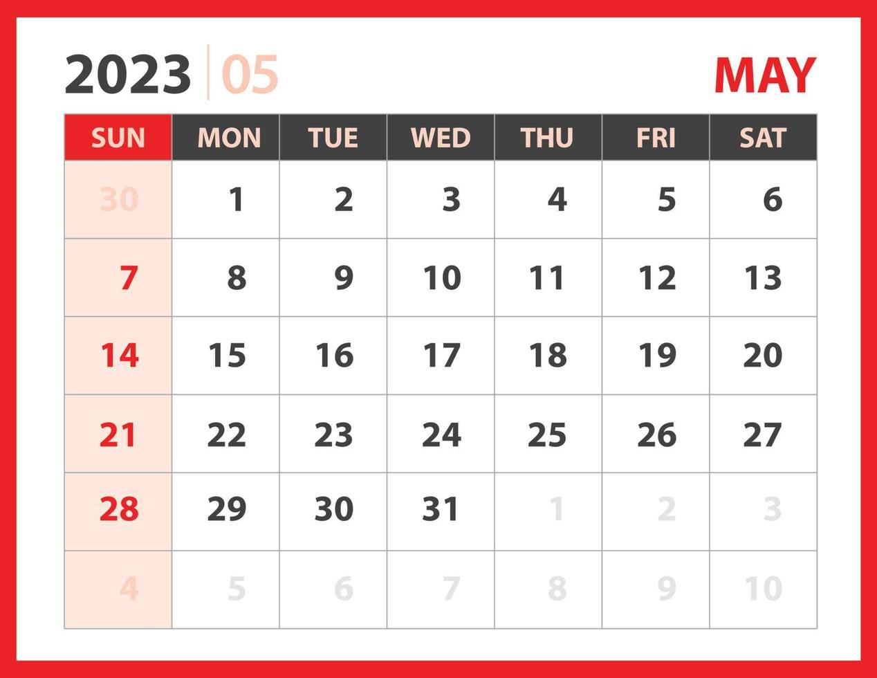 Mai 2023 Vorlage, Kalender 2023 Designvektor, Planerlayout, Woche beginnt am Sonntag, Tischkalender 2023 Vorlage, Briefpapier. Wandkalender auf rotem Hintergrund, Vektor eps 10