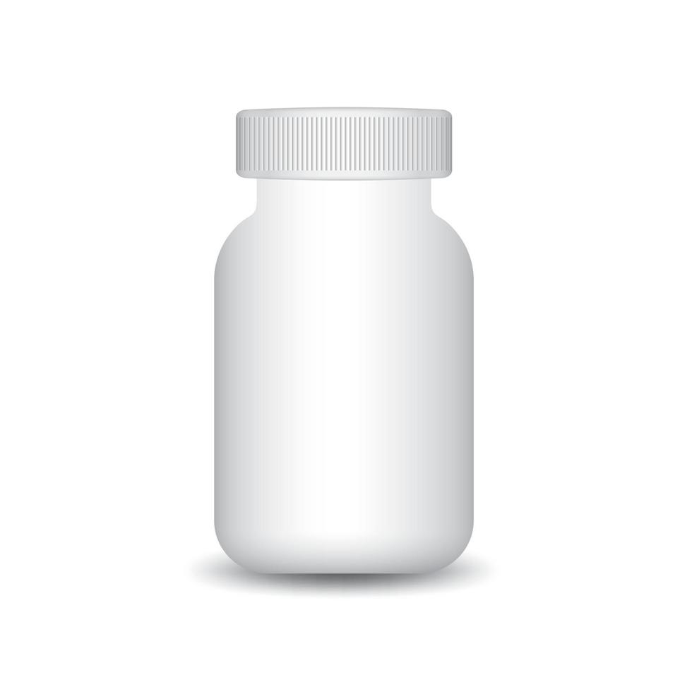 3D tillägg flaska vektorillustration. 3d vit plast piller box, vit medicinsk behållare. sjukvård flaska mall. 3D realistisk vektor, flaska mock-up. produktdesign. kosmetiskt paket. vektor