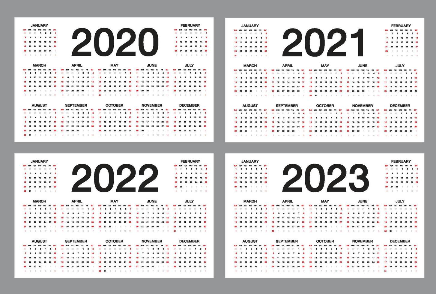 einfache Kalendervorlage für 2020, 2021, 2022, 2023 Jahre auf weißem Hintergrund, Tischkalender, Woche beginnt am Sonntag, Business-Organizer-Design, Vektorillustration vektor