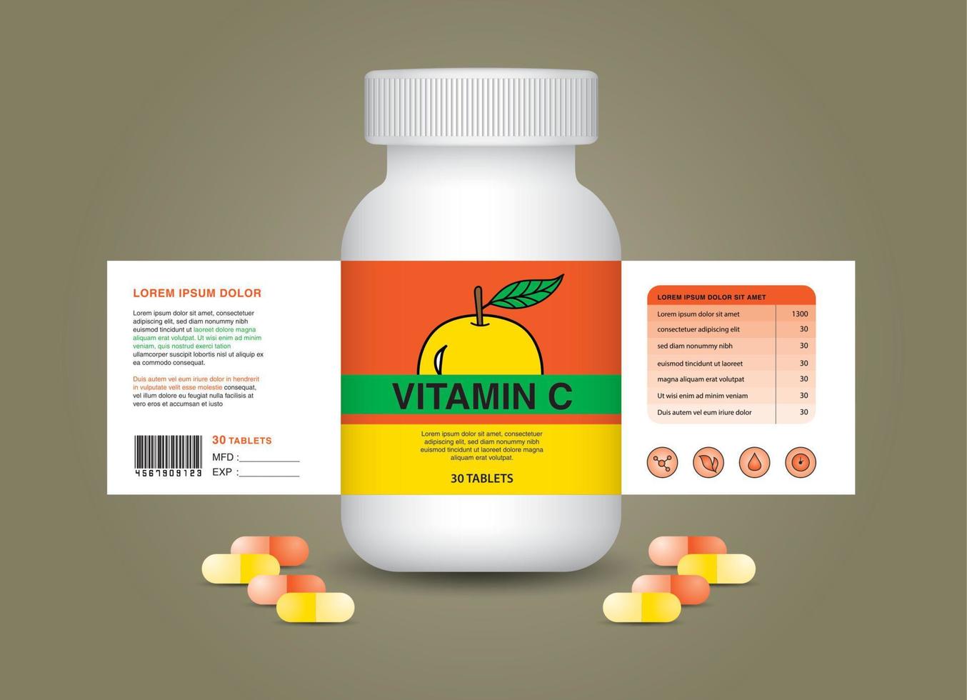 Vitamin-C-Ergänzungsflaschenverpackung, Kosmetikpaket. Produktdesign. Schönheitsetikett, 3D-Ergänzungsflasche, weiße 3D-Plastikpillenbox, weißer medizinischer Behälter. gesundheitsflasche, realistisches modell. vektor