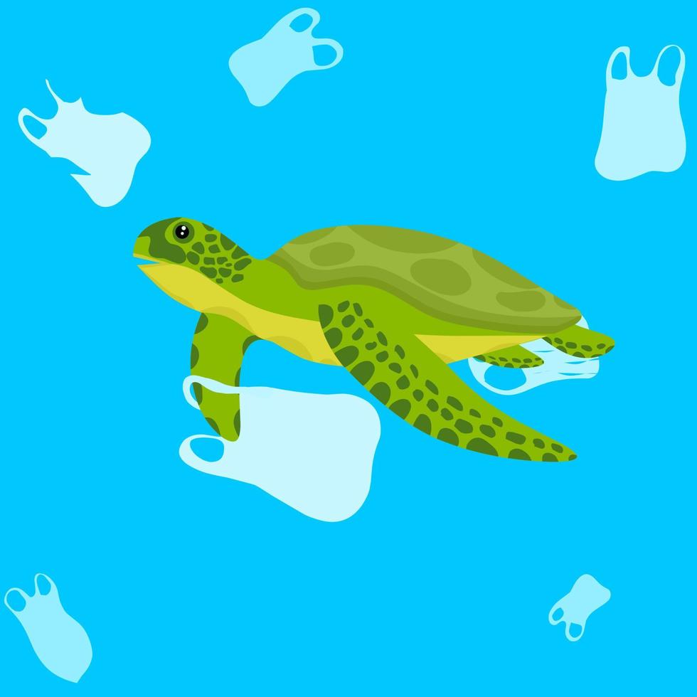 Verschmutzung der Ozeane durch Plastikmüll, schwimmende und in Plastiktüten gefangene Meeresschildkröten. Suppenschildkröten sind vom Aussterben bedroht. verschmutztes Meer Hintergrund Illustration. vektor