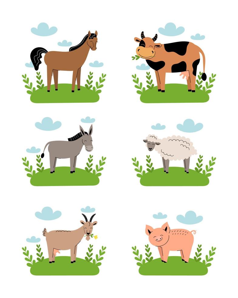 husdjur på ängen på vit bakgrund. samling av tecknade söta babydjur på grönt gräs. ko, får, get, häst, åsna, gris. platt vektorillustration isolerade. vektor