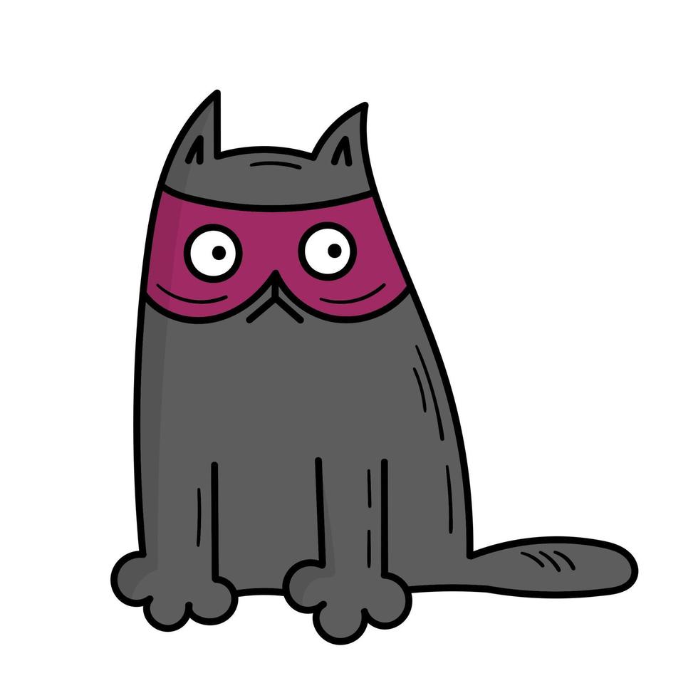 söt grå katt i en mask för halloween. doodle stil illustration vektor