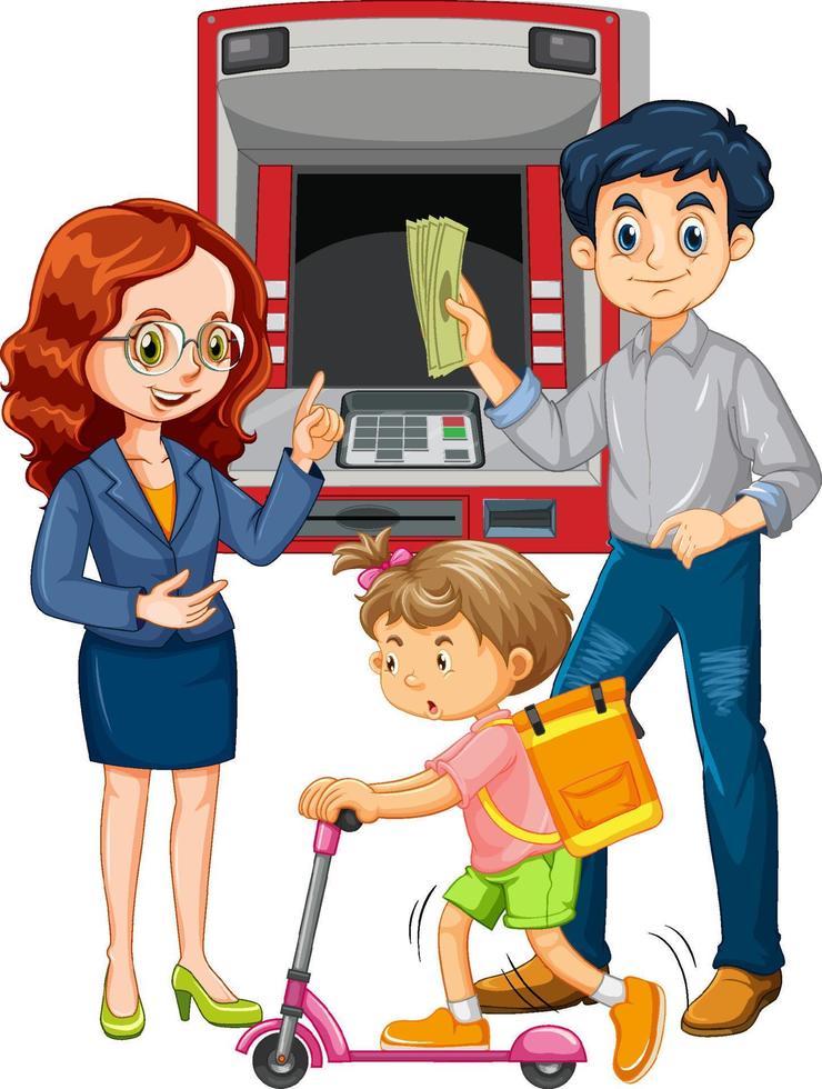 ein mann zieht geld vom geldautomaten und seiner familienzeichentrickfigur ab vektor