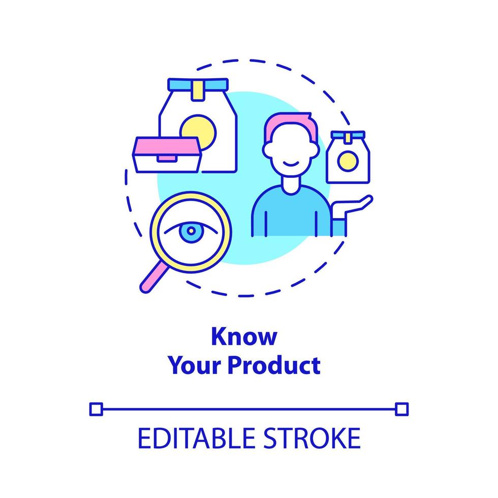 känna till din produktkonceptikon. presentation av produkter. kundtjänst abstrakt idé tunn linje illustration. isolerade konturritning. redigerbar linje. vektor