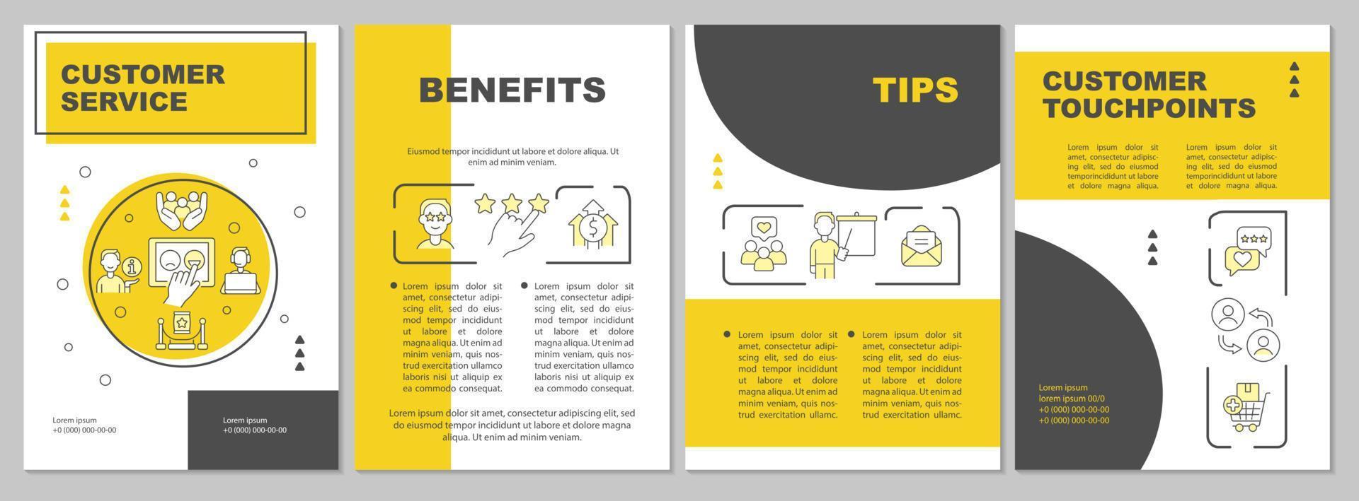 kundendienst gelbe broschürenvorlage. Vorteile und Beratung. Broschürendruckdesign mit linearen Symbolen. Vektorlayouts für Präsentationen, Jahresberichte, Anzeigen. vektor