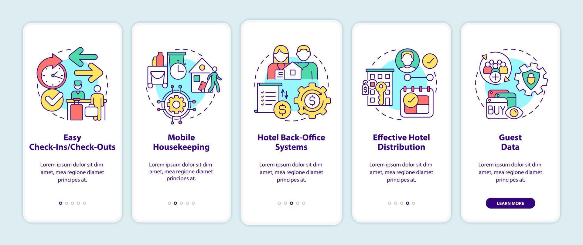 fastighetsförvaltningssystem på hotell med mobilappskärm. teknisk genomgång 5 steg grafiska instruktioner sidor med linjära koncept. ui, ux, gui mall. vektor