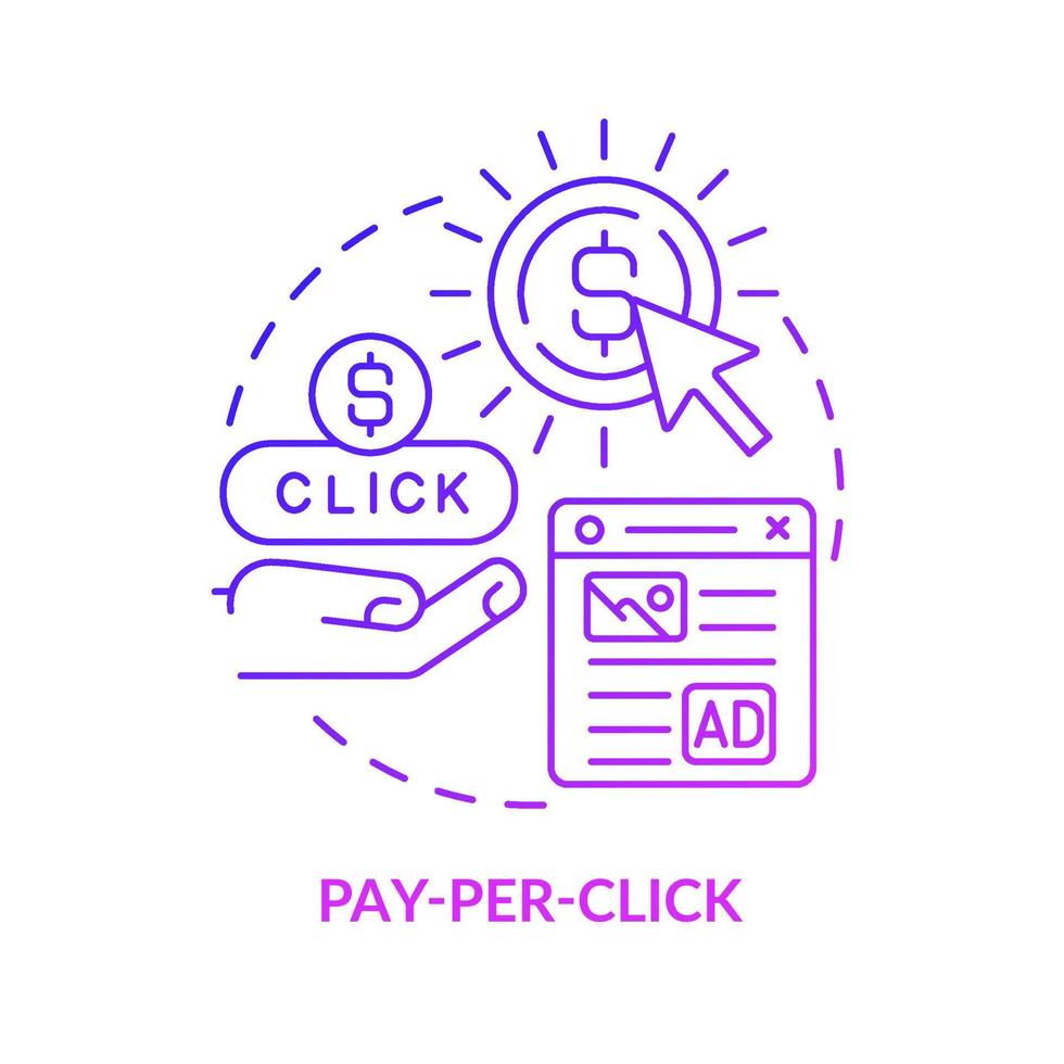 Pay-per-Click-Symbol für das lila Gradientenkonzept. digitales Marketinginstrument. bezahlte Werbung Tool abstrakte Idee dünne Linie Abbildung. isolierte Umrisszeichnung. vektor