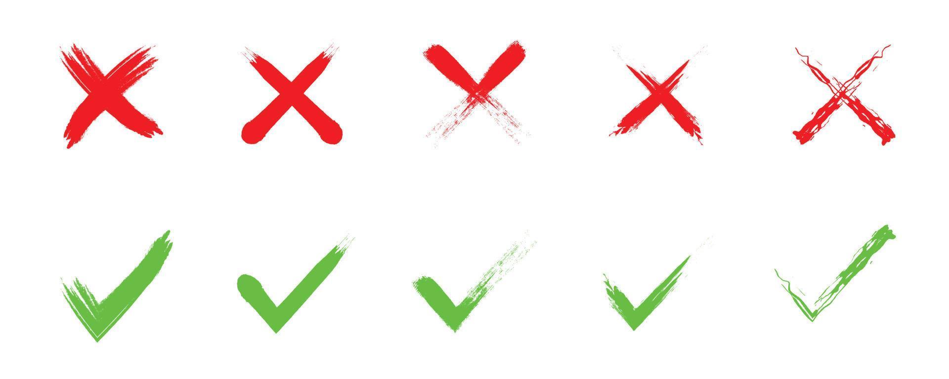 Satz von Grunge grünes Häkchen und rotes Kreuz isoliert auf weißem Hintergrund. Ja und Nein-Symbol. Vektor-Illustration. vektor