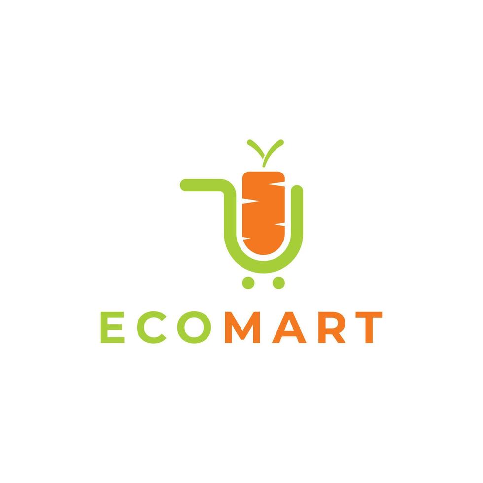 modern eco mart logotyp vektor design med grönsaker, vagn och morot.