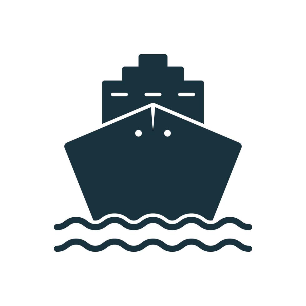 schwarzes Kreuzfahrtschiff-Silhouette-Symbol. Frachtschiff-Piktogramm. Ozeanschiff-Symbol in der Vorderansicht. Schiffszeichen für Fracht, Vertrieb, Personenverkehr. Seetransport-Symbol. isolierte Vektorillustration. vektor