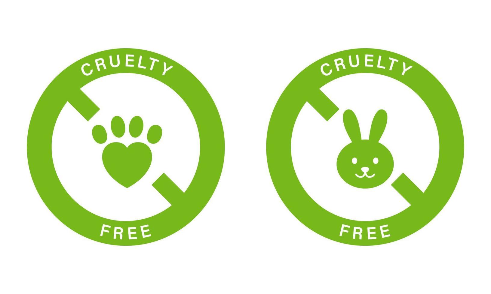 ej testad på djur i laboratorium, cruelty free stämpel set. tass fotavtryck i hjärtat och inte experimentera på kanin symbol. inte försöksdjur tecken. älskar djur ikon. isolerade vektor illustration.