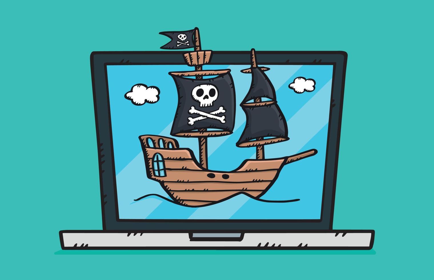 färgglada doodle av bärbar dator med seglande piratskepp på skärmen. vektor