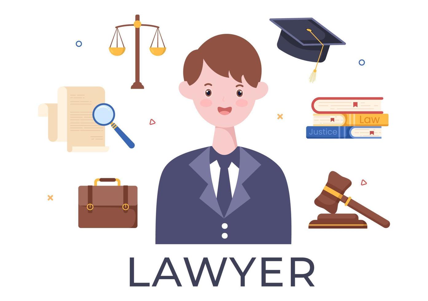 advokat, advokat och rättvisa med lagar, skalor, byggnader, bok eller trä domare hammare till konsult i platt tecknad illustration vektor