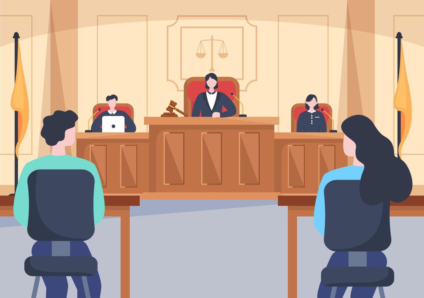rättssal med advokat, juryrättegång, vittne eller domare och trädomarens hammare i platt tecknad designillustration vektor
