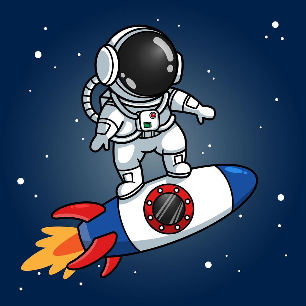 söt astronaut åker skridskor på raket vektor