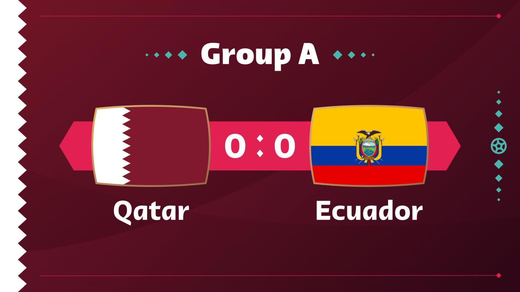 Katar gegen Ecuador, Fußball 2022, Gruppe A. Weltfußballwettbewerb Meisterschaftsspiel gegen Mannschaften Intro Sport Hintergrund, Meisterschaftswettbewerb Abschlussplakat, Vektorillustration. vektor