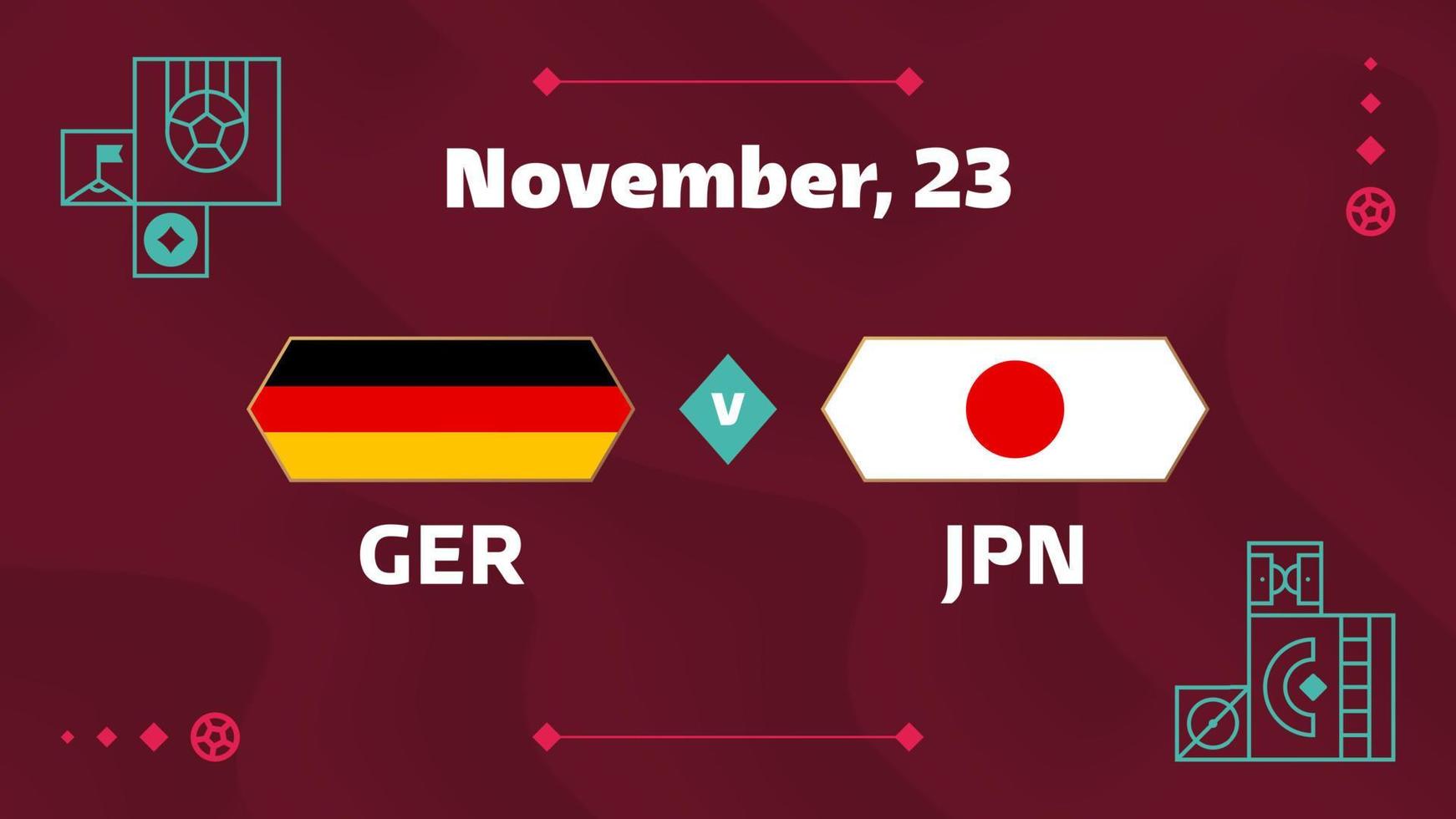 deutschland vs japan, fußball 2022, gruppe e. Weltfußball-Meisterschaftsspiel gegen Team-Intro-Sporthintergrund, Endplakat des Meisterschaftswettbewerbs, Vektorillustration. vektor