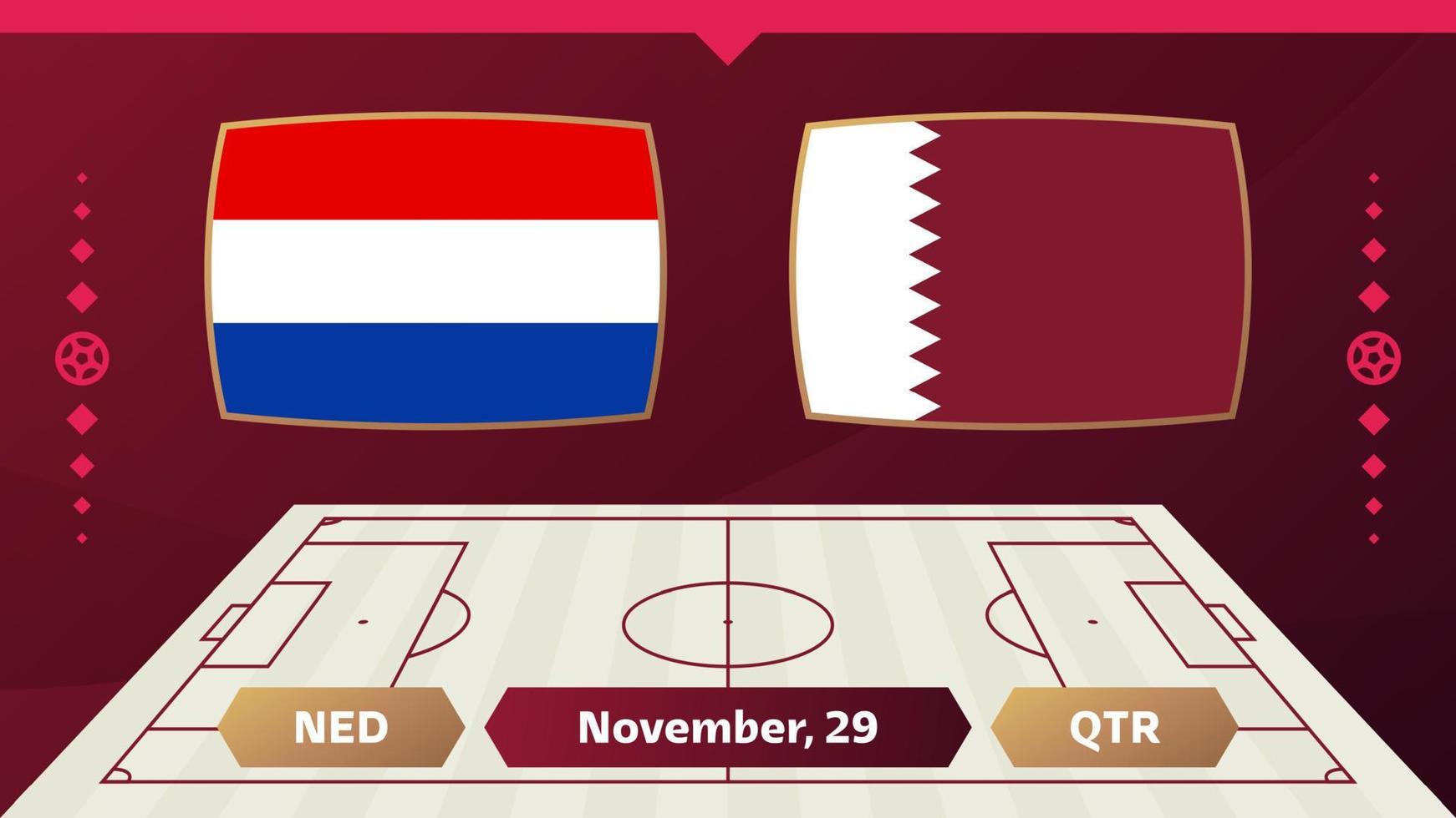 nederländerna vs qatar, fotboll 2022, grupp a. världsfotbollstävling mästerskap match kontra lag intro sport bakgrund, mästerskap konkurrens sista affisch, vektorillustration. vektor