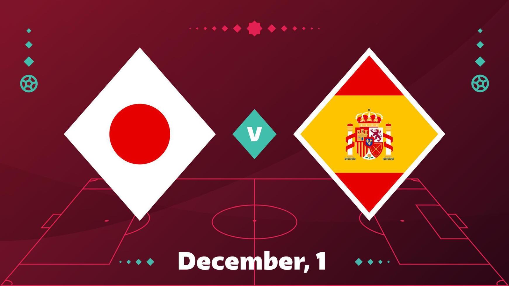 Japan gegen Spanien, Fußball 2022, Gruppe f. Weltfußball-Meisterschaftsspiel gegen Team-Intro-Sporthintergrund, Endplakat des Meisterschaftswettbewerbs, Vektorillustration. vektor
