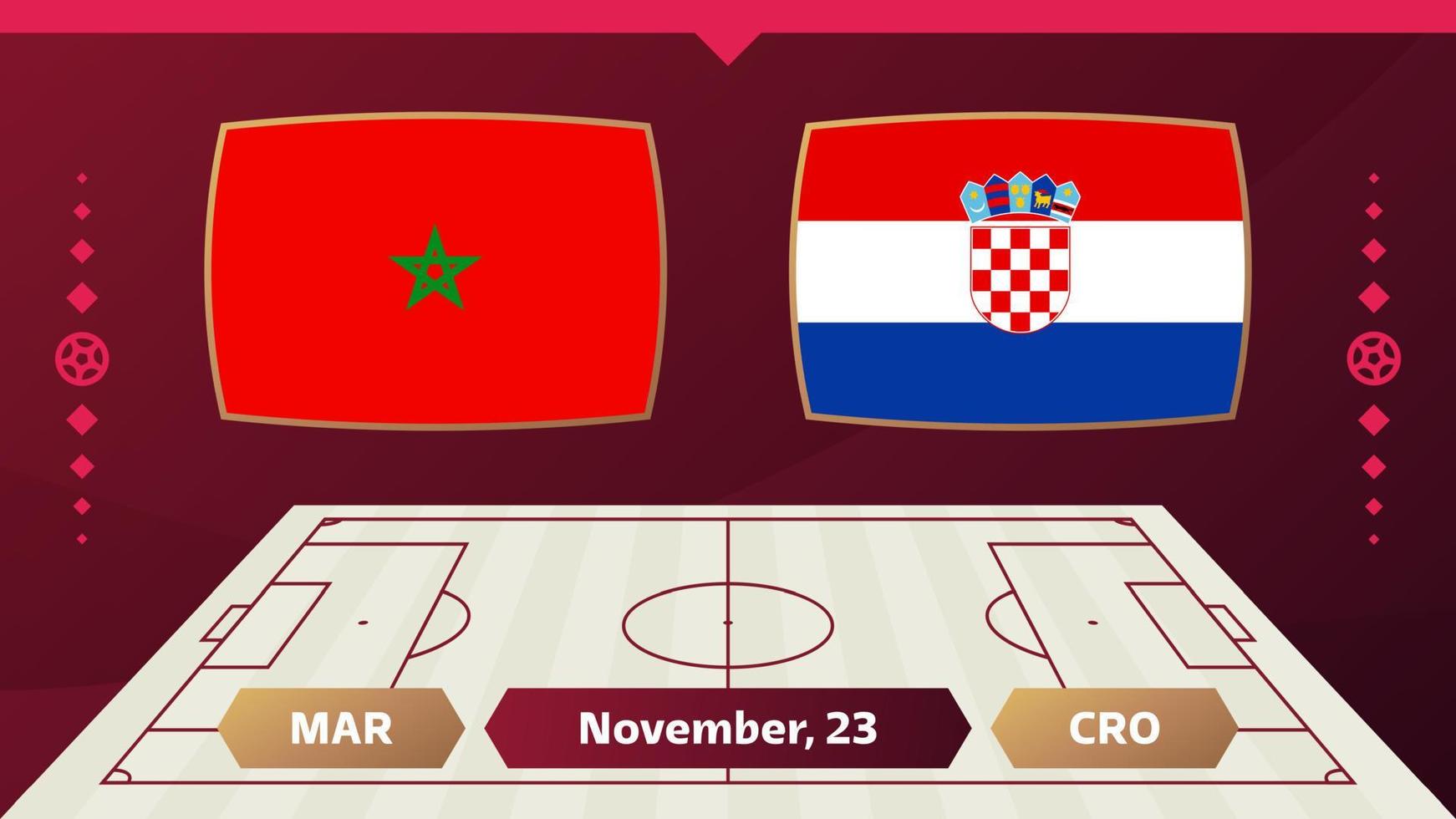Marocko vs Kroatien, fotboll 2022, grupp f. världsfotbollstävling mästerskap match kontra lag intro sport bakgrund, mästerskap konkurrens sista affisch, vektorillustration. vektor