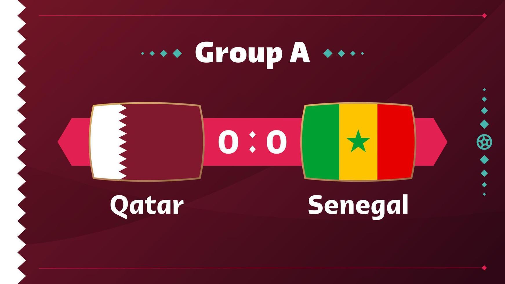 Katar gegen Senegal, Fußball 2022, Gruppe A. Weltfußballwettbewerb Meisterschaftsspiel gegen Mannschaften Intro Sport Hintergrund, Meisterschaftswettbewerb Abschlussplakat, Vektorillustration. vektor