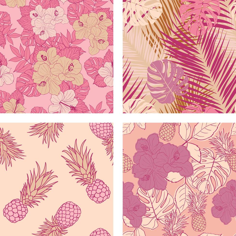 schöne hibiskusblüten, blätter, ananas nahtloses muster hintergrundset. tropisches naturverpackungspapier oder textildesign-set. schöner Druck mit handgezeichneten exotischen Pflanzen. vektor