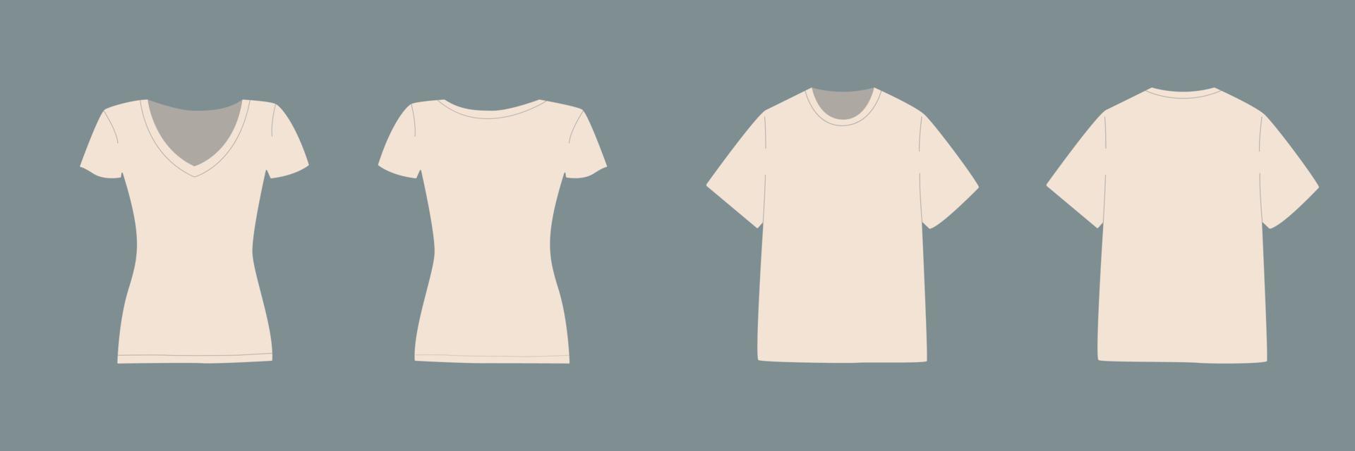 t-shirt med kort ärm för män och kvinnor. uppsättning. grundläggande mock up framifrån och bakifrån. mall kläder på grå bakgrund. vektor illustration