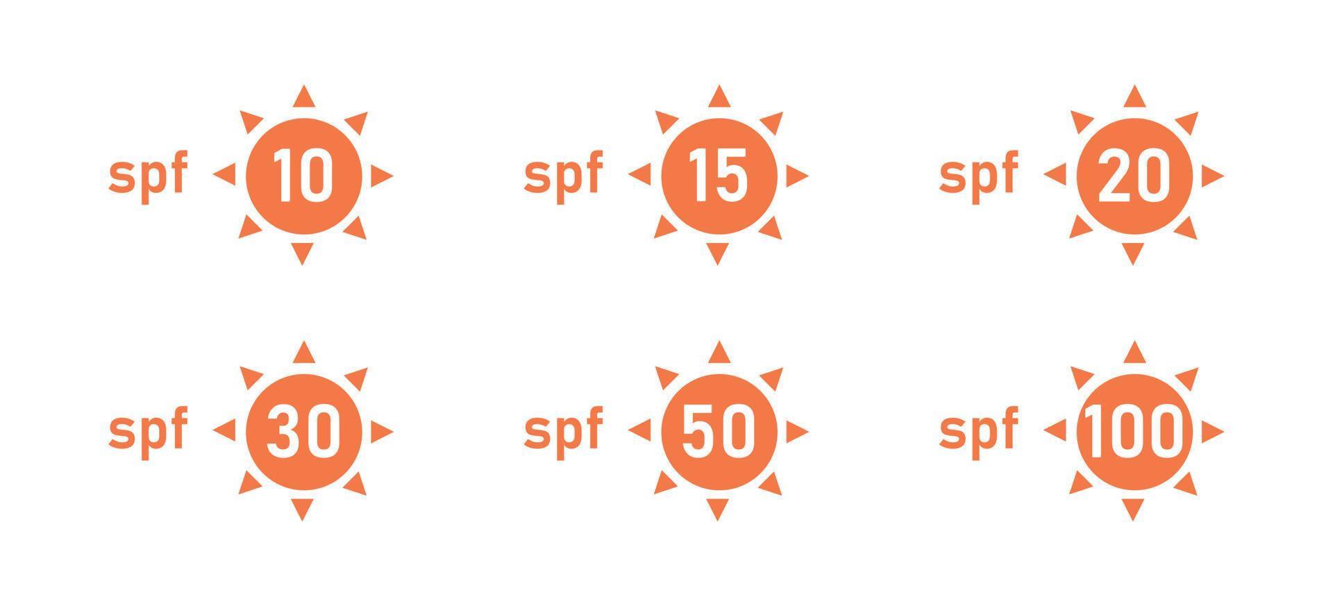 spf-sonnenschutzsymbole für sonnenschutzverpackungen. UVA UVB-Kontrolle für die Haut. Vektor