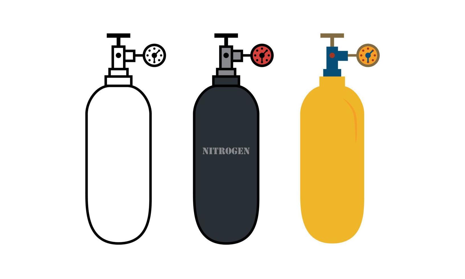 uppsättning av kvävgas ballong på vit bakgrund. gasbehållare, cylinder med manometer. förvaring av medicinsk kapsel. vektor illustration isolerade