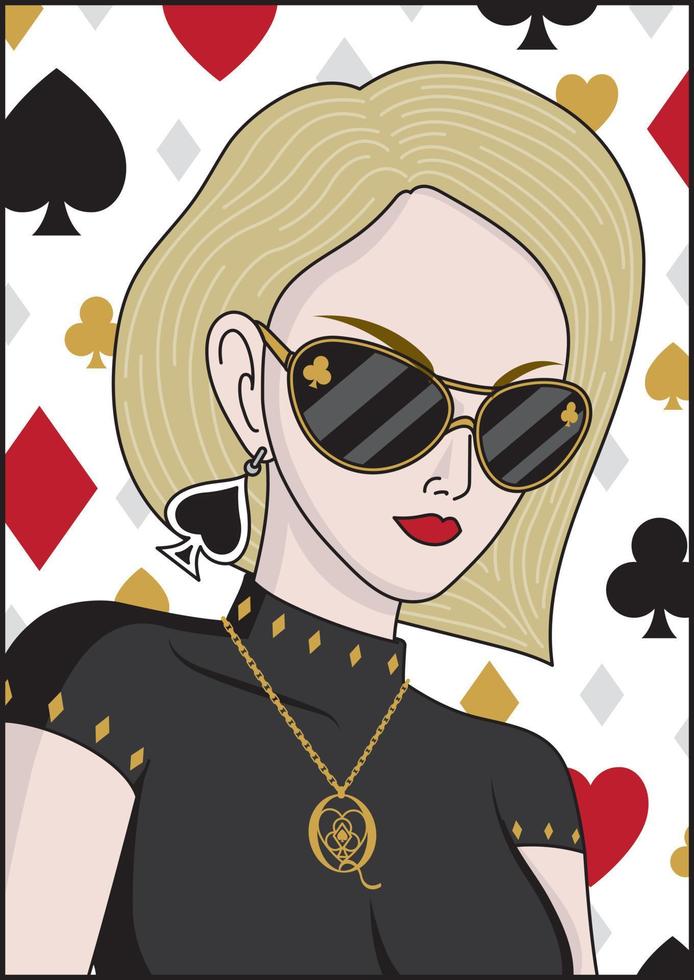 Blonde Haare Frau mit Poker Symbolen Hintergrund Mode Illustration Vektor. vektor