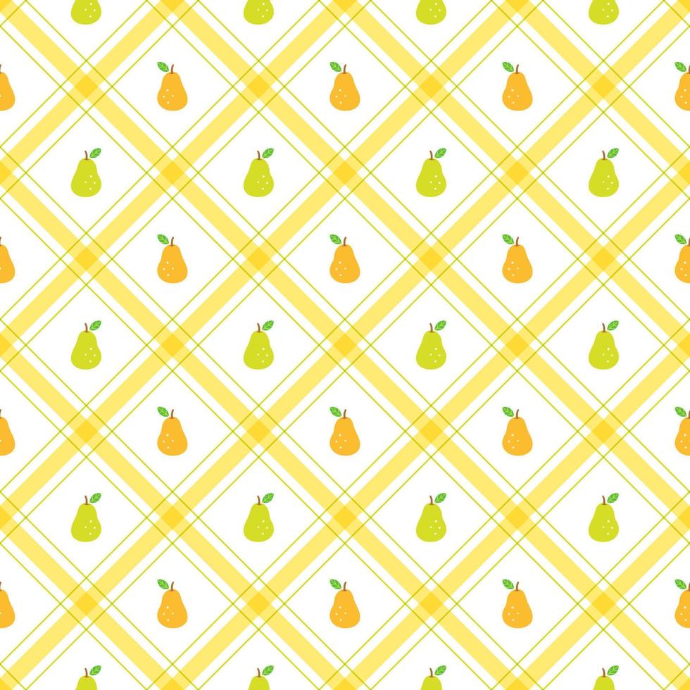 söt halv päron frukt grönsakselement gul grön diagonal rand randig linje lutning rutig rutig tartan buffel scott gingham mönster platt tecknad vektor sömlöst mönster tryck bakgrund mat