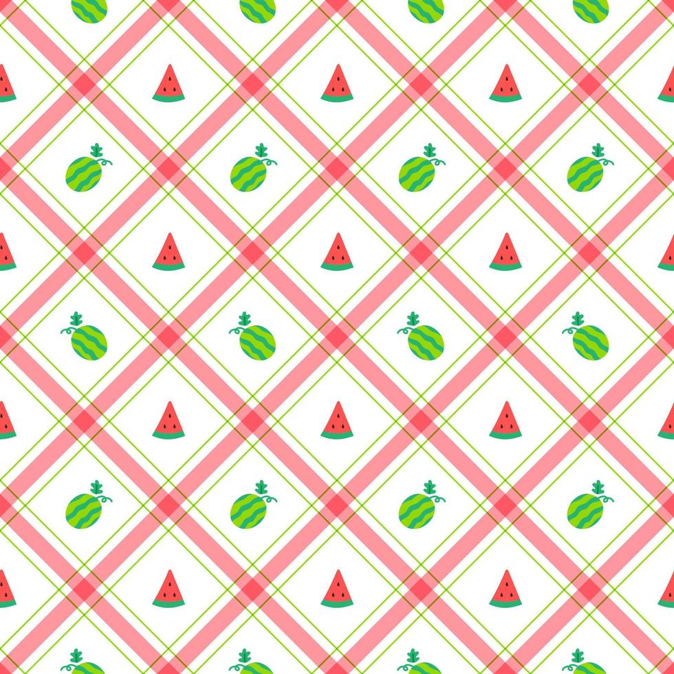 süße wassermelone obst element rot grün diagonal streifen gestreift linie neigung kariert kariert tartan büffel scott karierte muster flach cartoon vektor nahtloses muster druck hintergrund essen