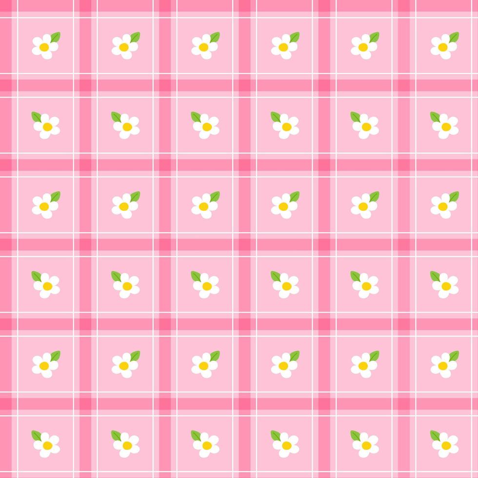 söt vit prästkrage blomma blad element rosa grön rand randig linje tilt rutig pläd tartan buffel scott ginghammönster illustration omslagspapper, picknickmatta, duk, tyg bakgrund vektor