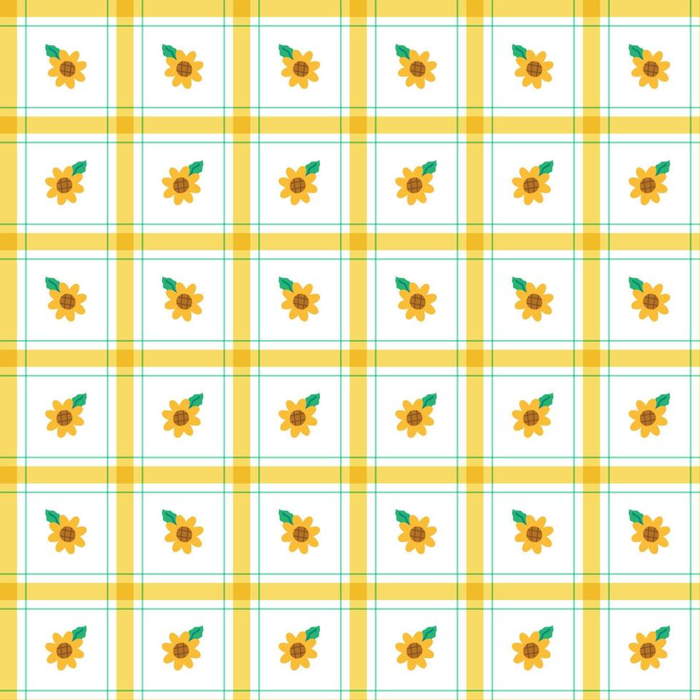 gulligt solrosblad element gul grön rand randig linje lutning rutig pläd tartan buffel scott gingham mönster illustration omslagspapper, picknickmatta, duk, tyg bakgrund vektor