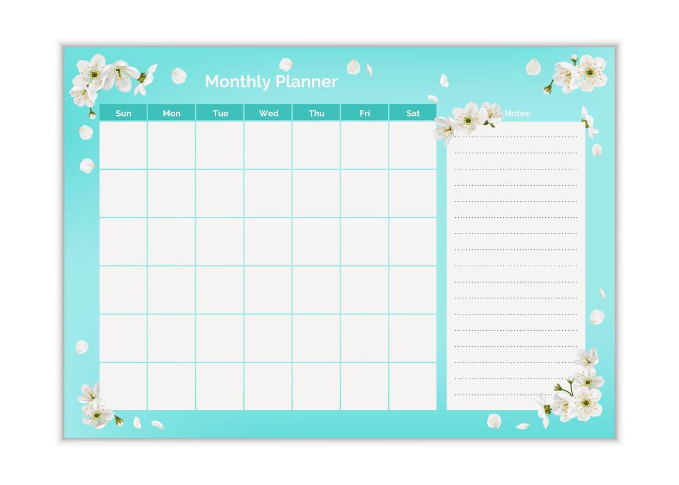 månadsplanerare att göra-lista, anteckningar. utskrivbart schema, kalender för studier, skola eller arbete. vektor illustration. grön vektor formgivningsmall. eleganta söta blå vårblommor arrangör och anteckningsblock.