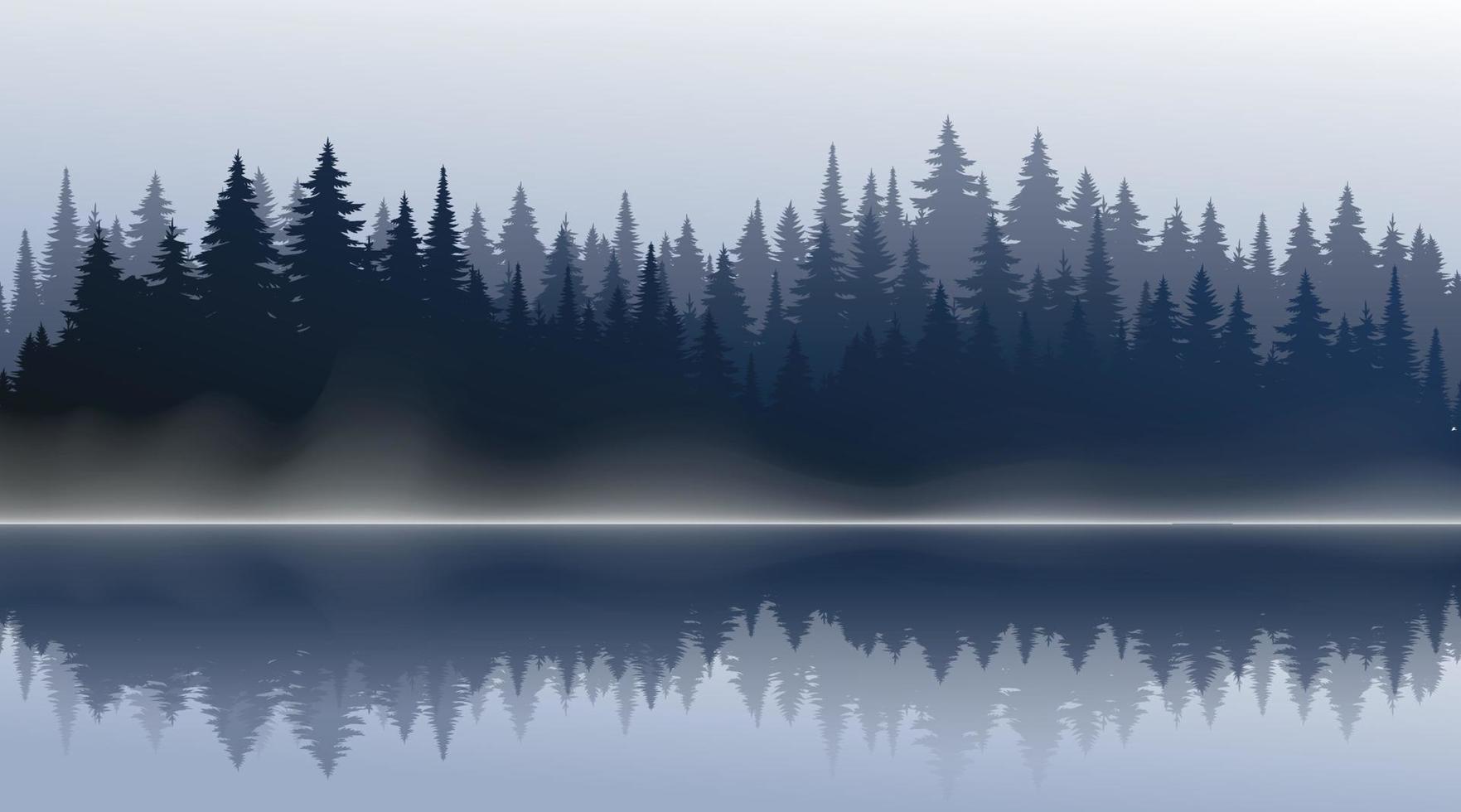 Vektor Berge Wald Hintergrundtextur, Silhouette von Nadelwald, Vektor. Saison Bäume am See, Spiegelung im Wasser Fichte, Tanne. horizontale Landschaft.