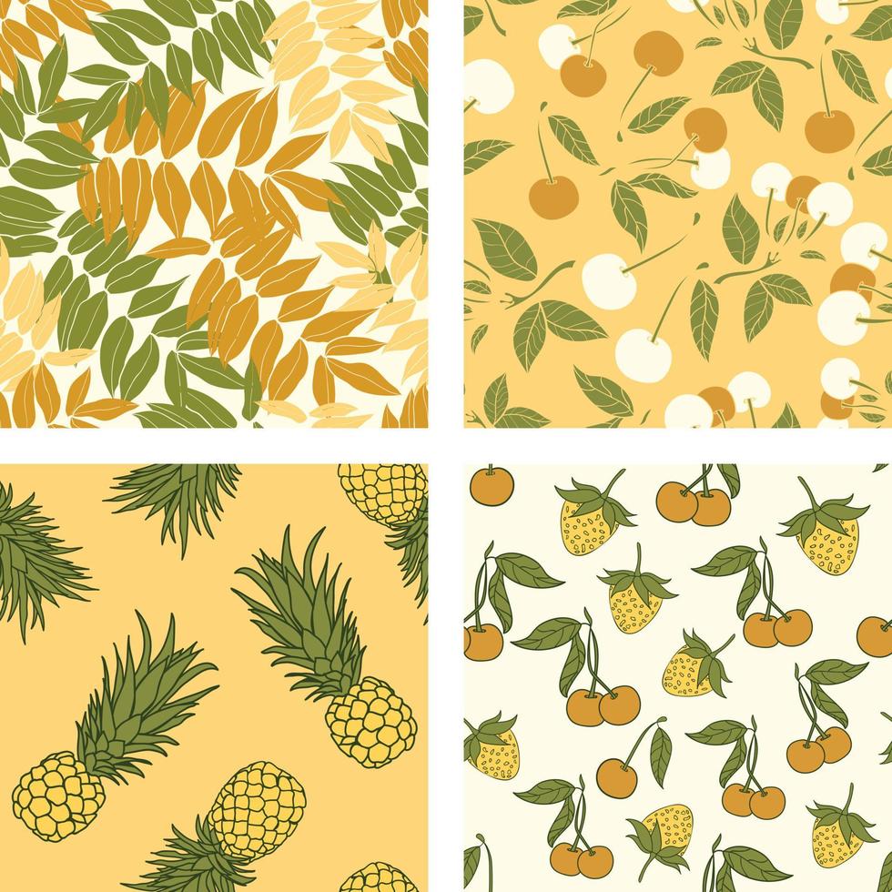 schöne blumen und sommerfrüchte nahtloses muster hintergrundset. tropisches naturverpackungspapier oder textildesign-set. schöner Druck mit handgezeichneten exotischen Pflanzen. vektor