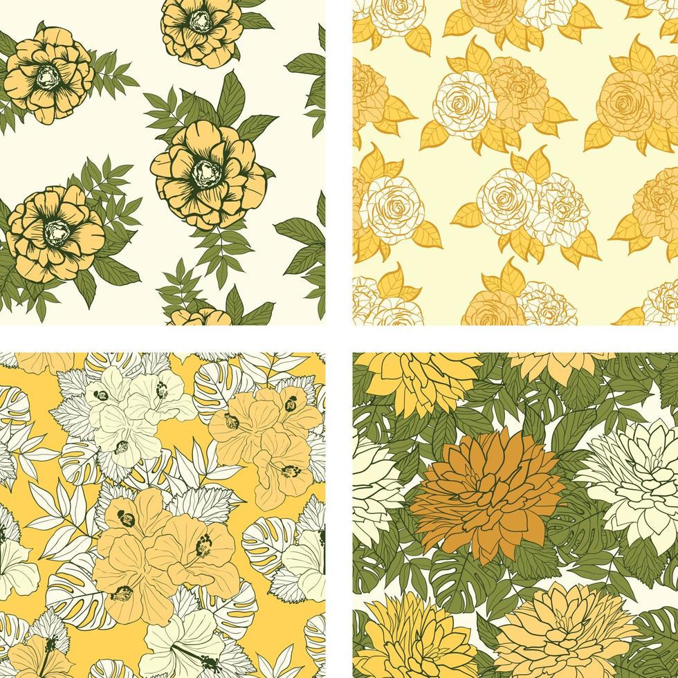 schöne blumen und sommerfrüchte nahtloses muster hintergrundset. tropisches naturverpackungspapier oder textildesign-set. schöner Druck mit handgezeichneten exotischen Pflanzen. vektor