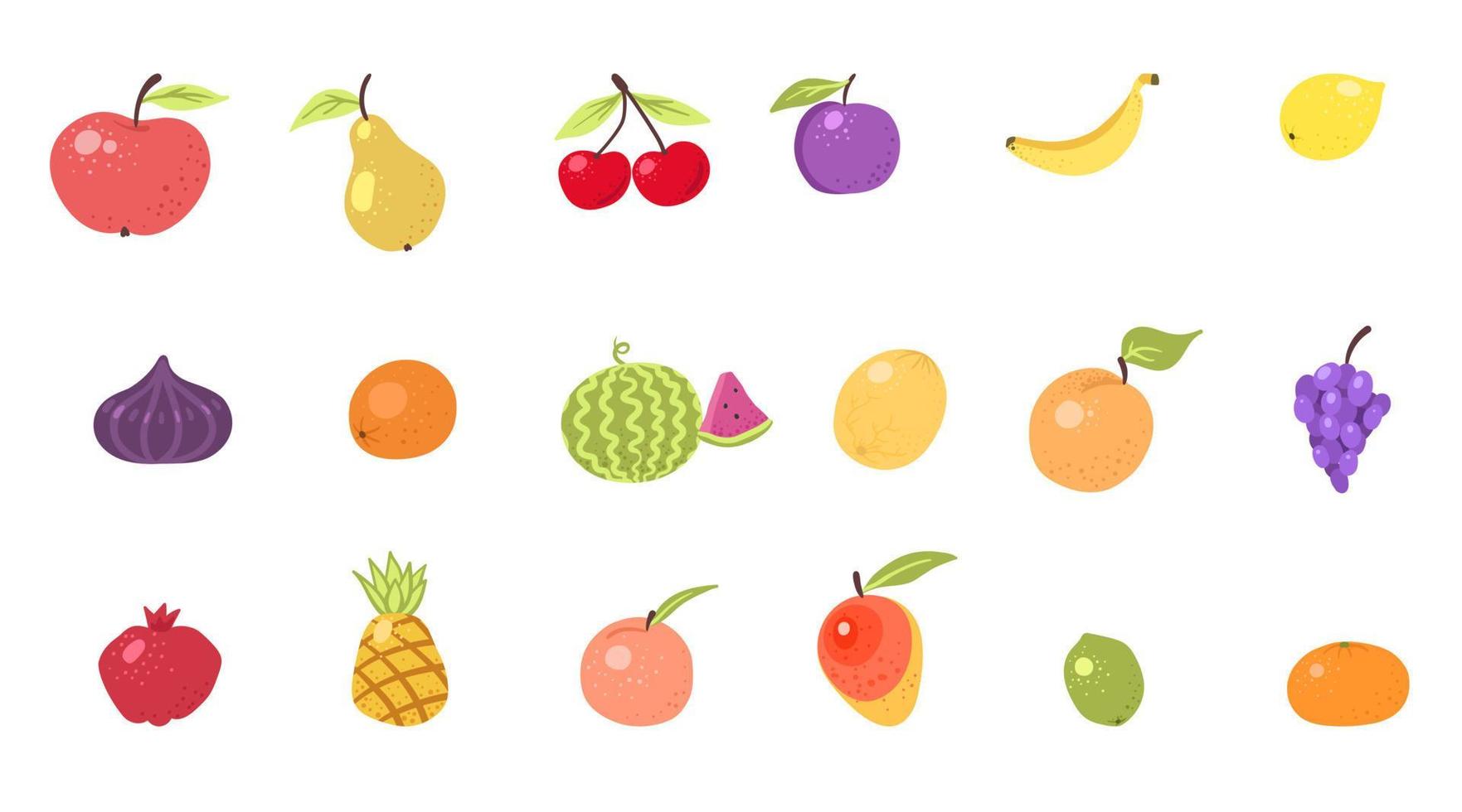 Früchte und Beeren niedlich gezeichnete Doodle-Icons Vektor-Set. illustration von farbigen und monochromen früchten für das design von landwirtschaftlichen produkten. Küche, vegetarisches Essen. Zitrone, Banane, Orange, Mandarine, Birne, Apfel. vektor