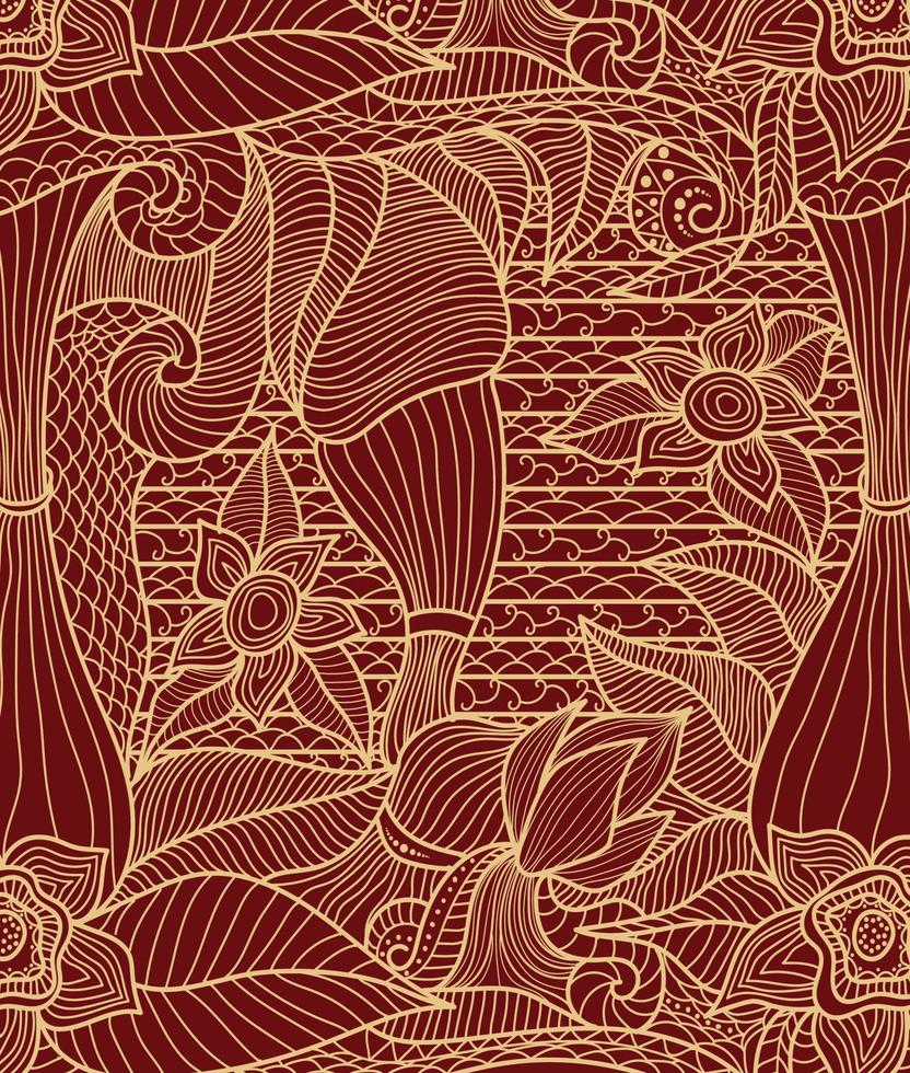 blommigt abstrakt för tyg textil, linjekonst abstrakt etnisk stil, guld och röd färg. vektor