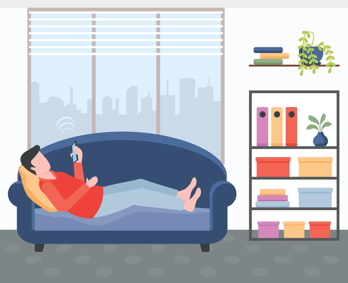 ein telefonbenutzer auf einer couch, flache illustration vektor