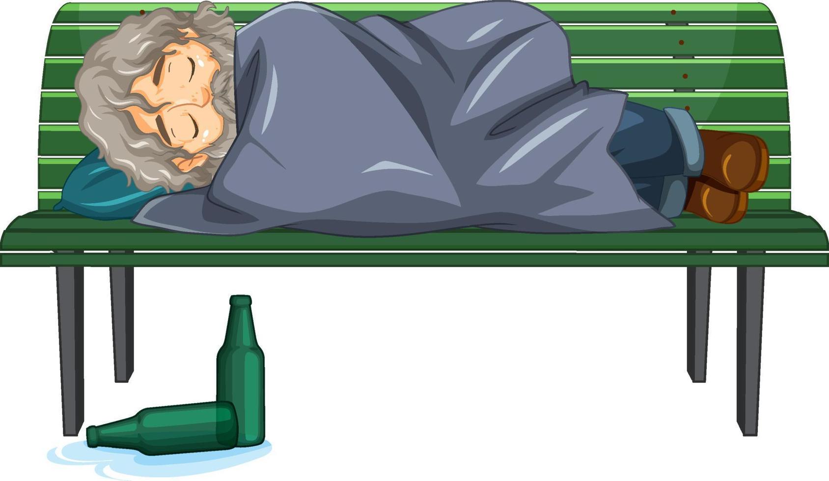 obdachloser alter mann, der auf einer bank schläft vektor